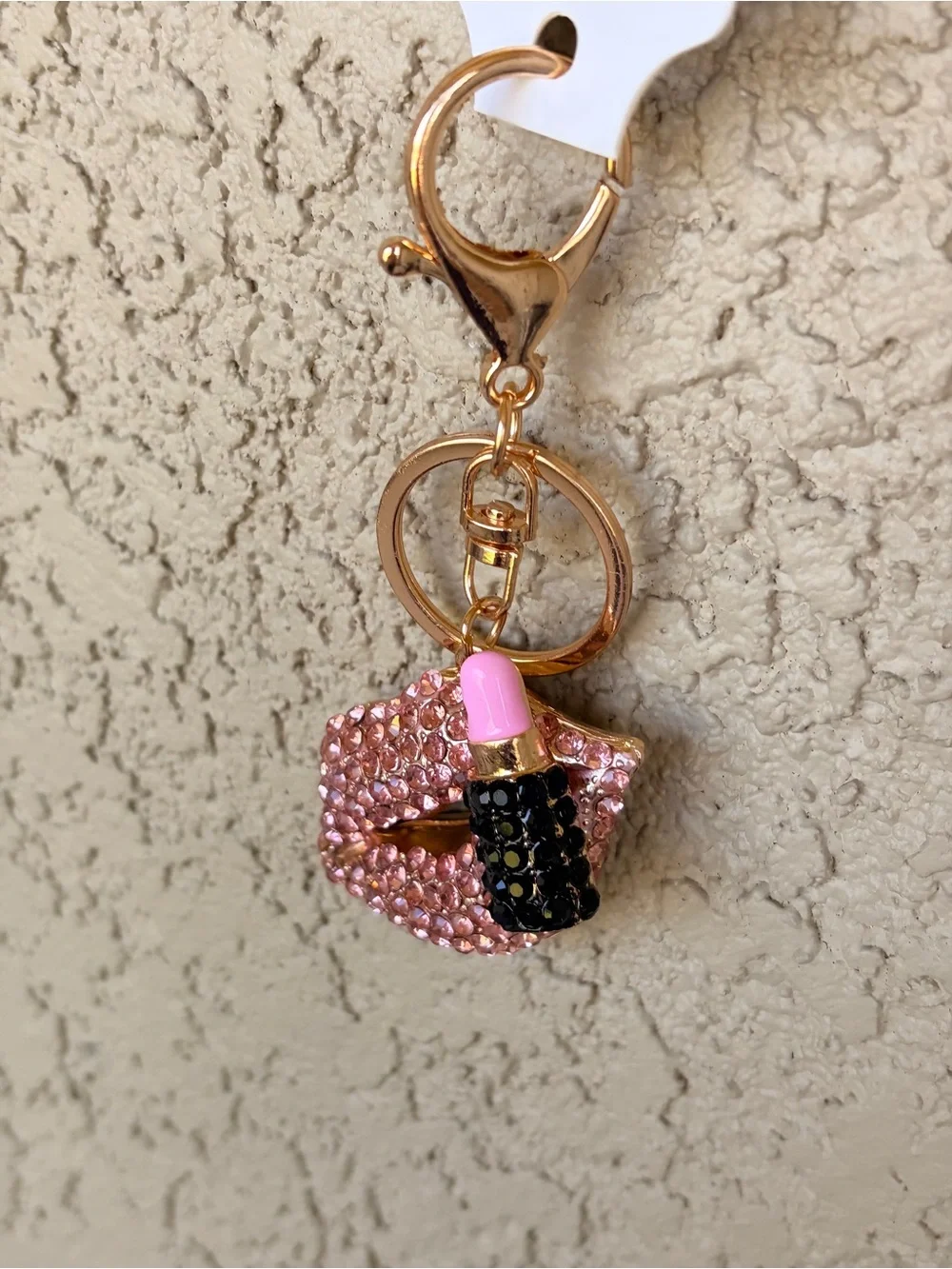 Sparkling Gold-Tone Pink Crystal Lip & Lipstick Keychain
